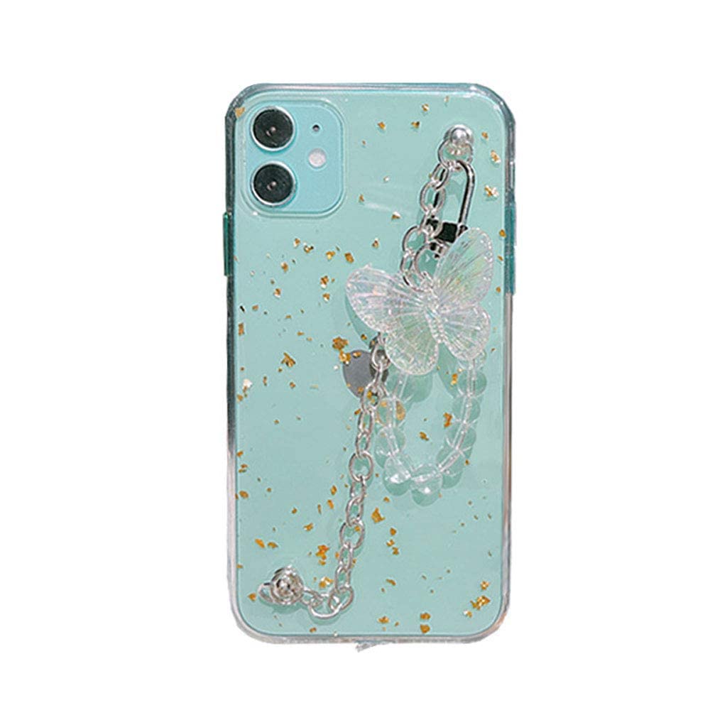 Bonici Girl Women Beautiful Gold Foil Goldleaf Transparent Tpu Phone Case +Metal Bracelet Chain +Butterfly Lanyard For Iphone 14
